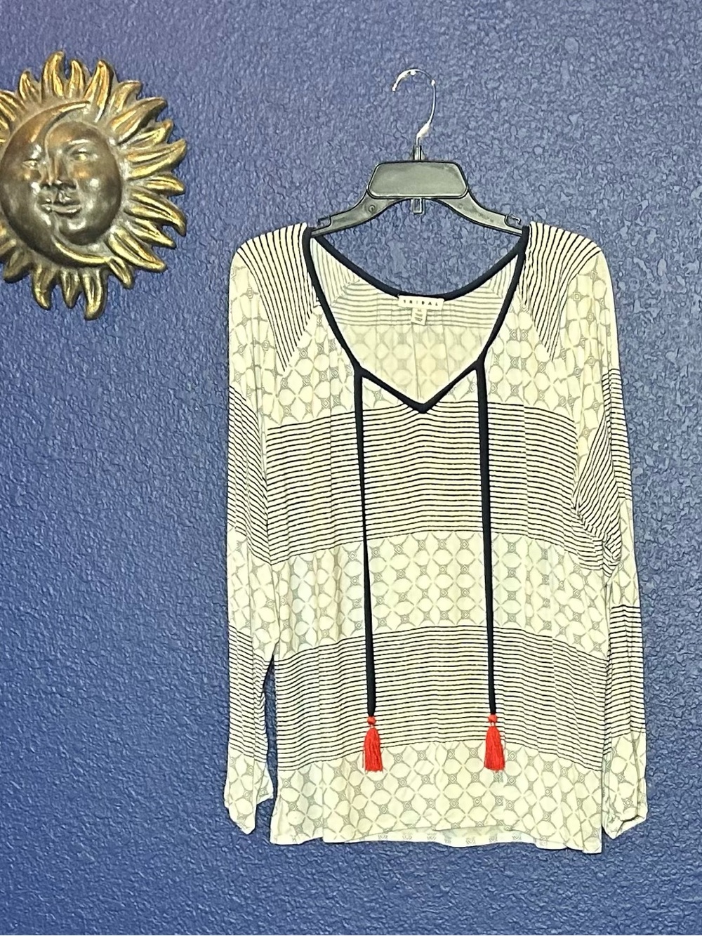 Tribal Cream and Navy Striped V-Neck Tunic with Red Tassels